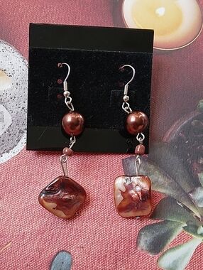Handmade Brown Mother Of Pearl Silver Drop Earrings